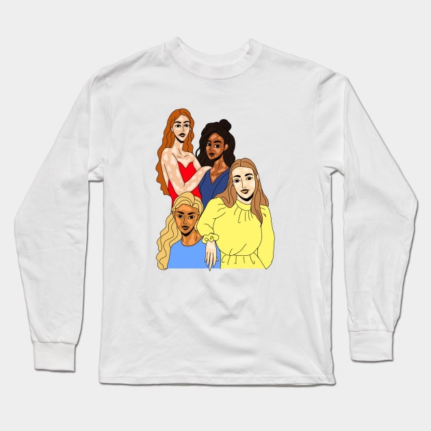 Four young female friends with vitiligo. different nationalities african american, korean, irish, russian. Long Sleeve T-Shirt by Lina_Karolina